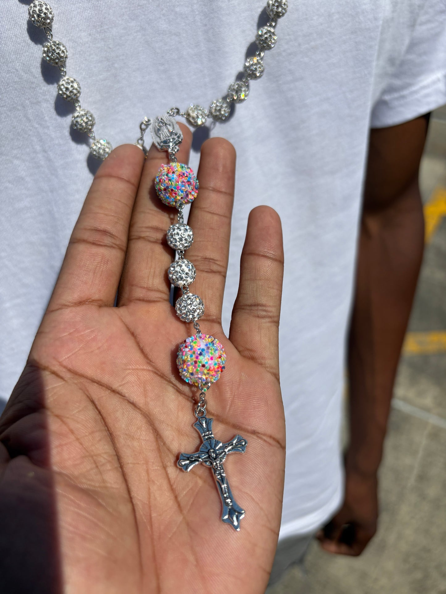 rosary silver and pink rainbow