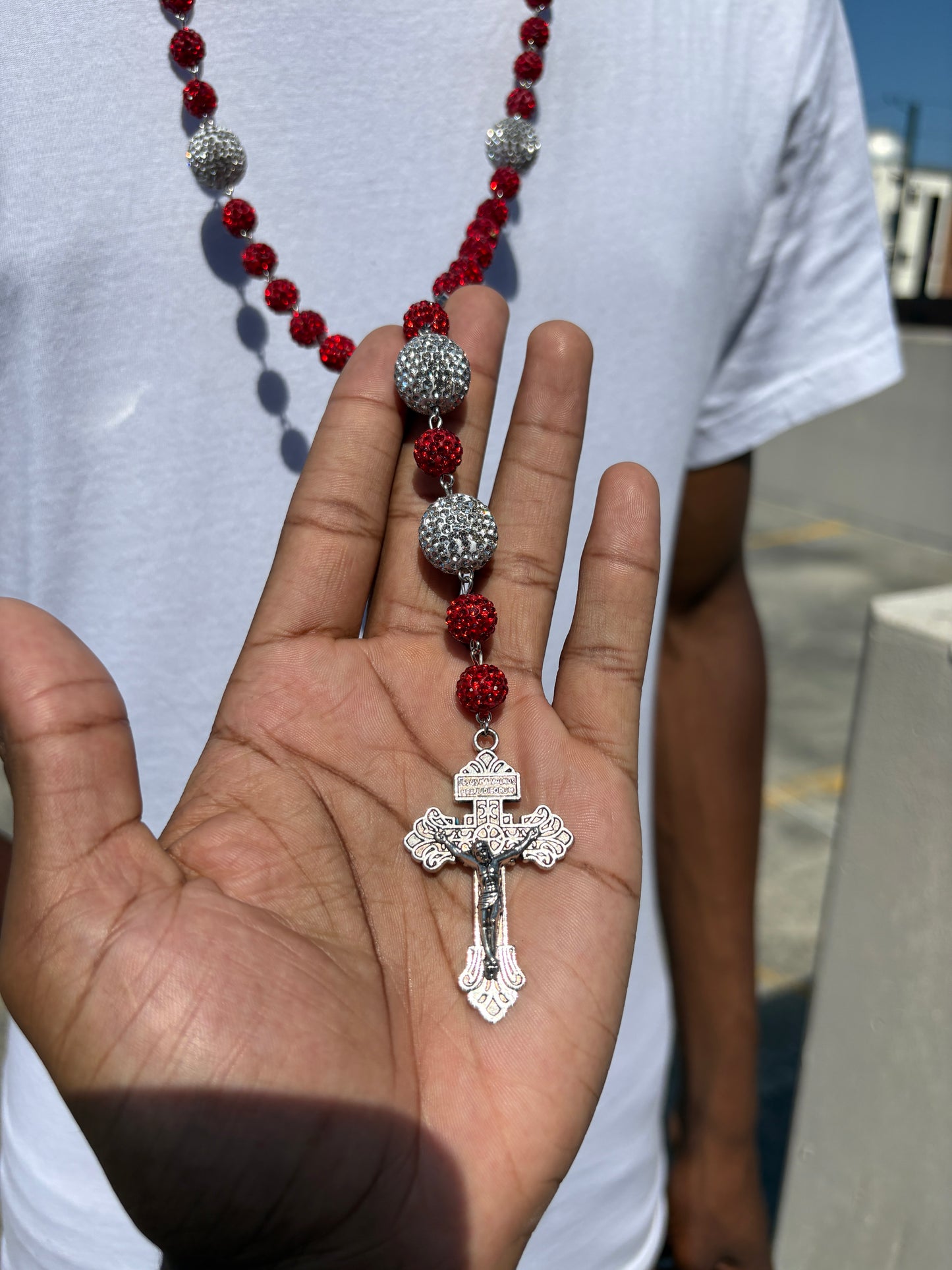 all red and silver rosary