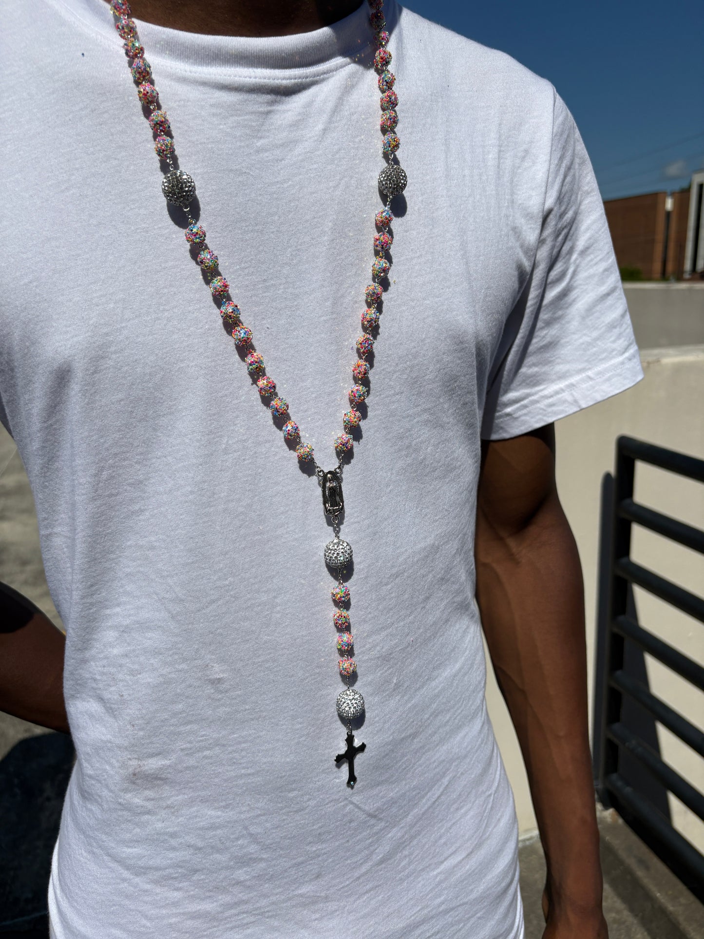 all pink rainbow and silver rosary