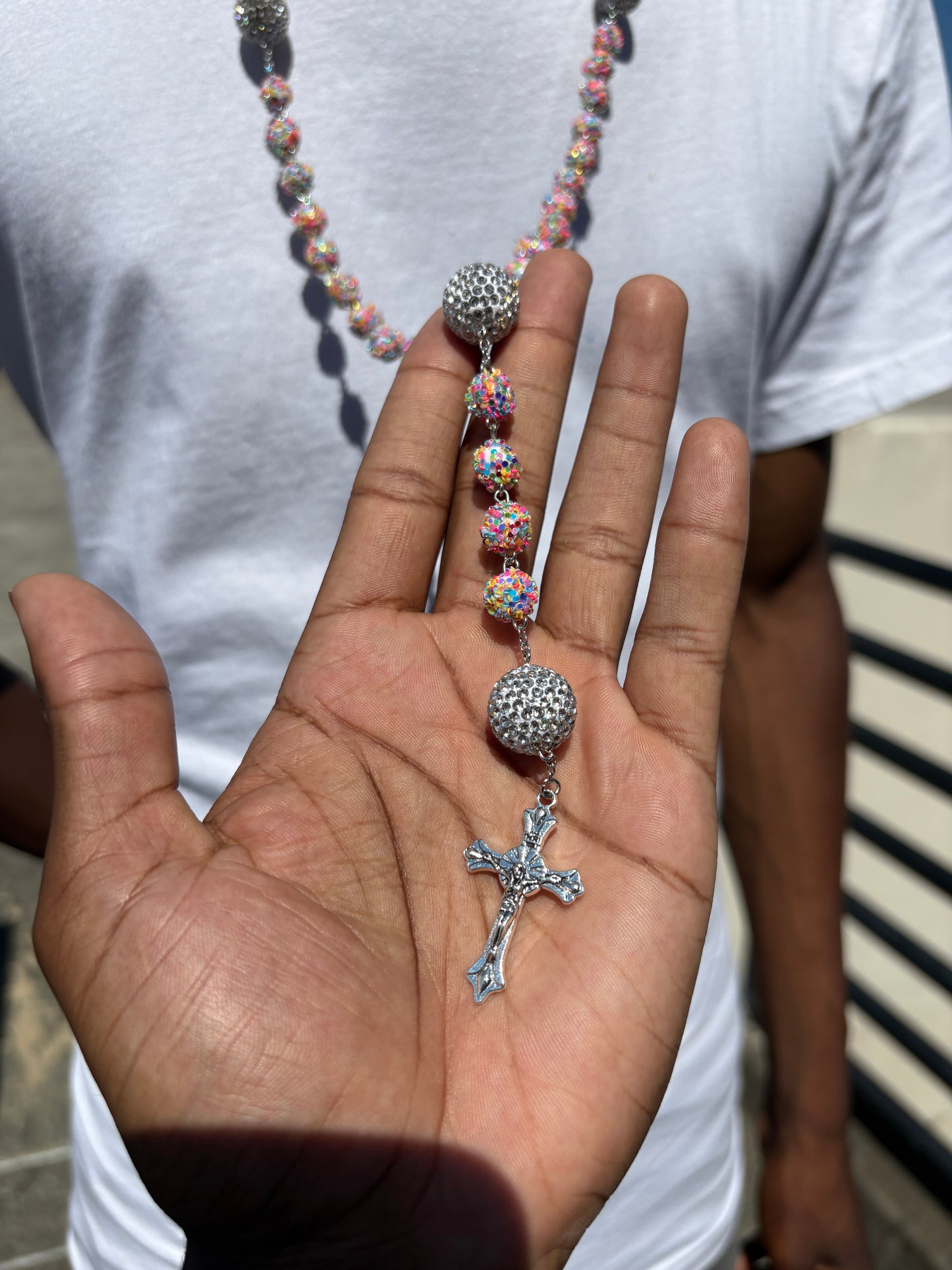 all pink rainbow and silver rosary