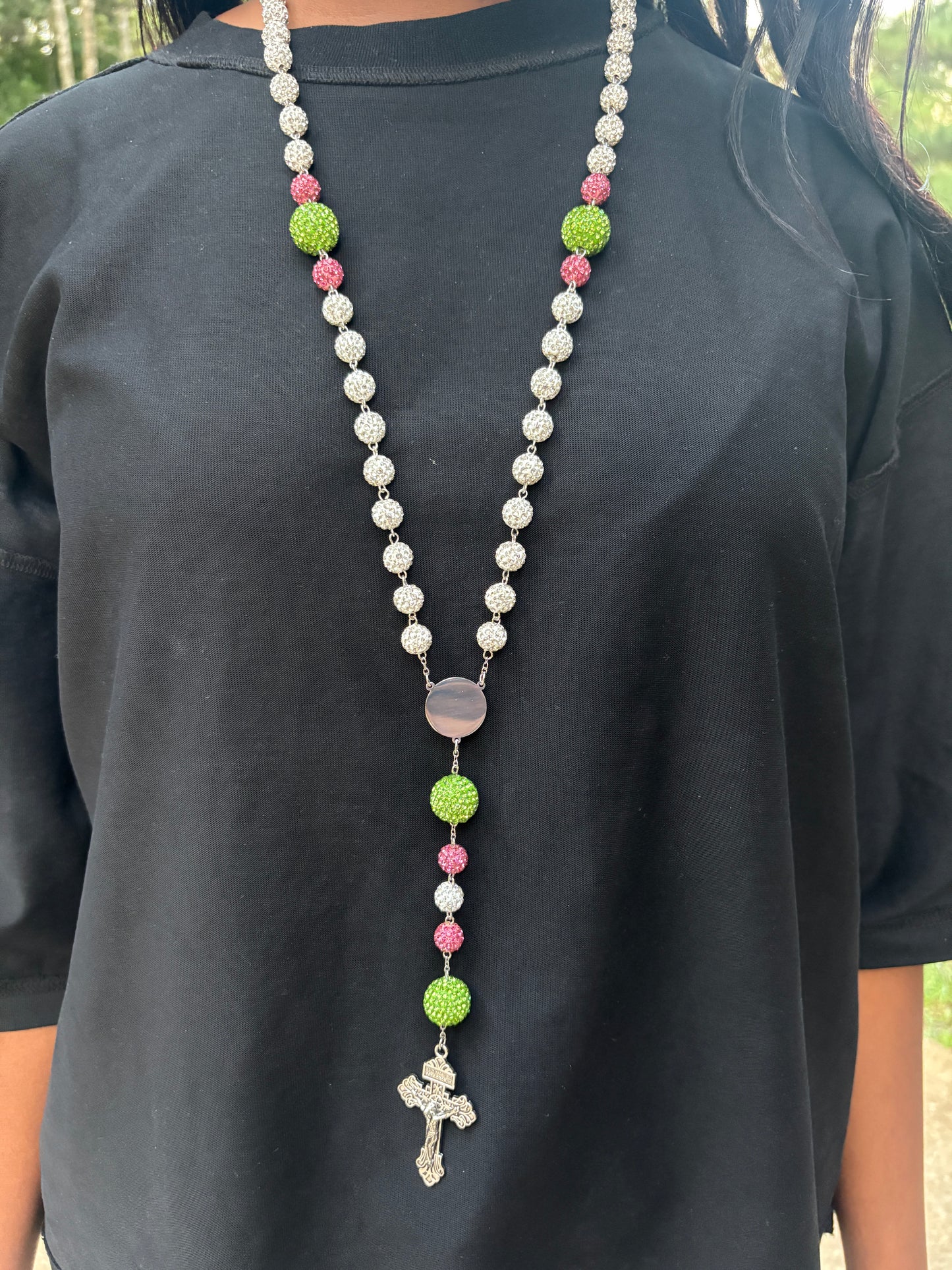 silver pink and green rosary
