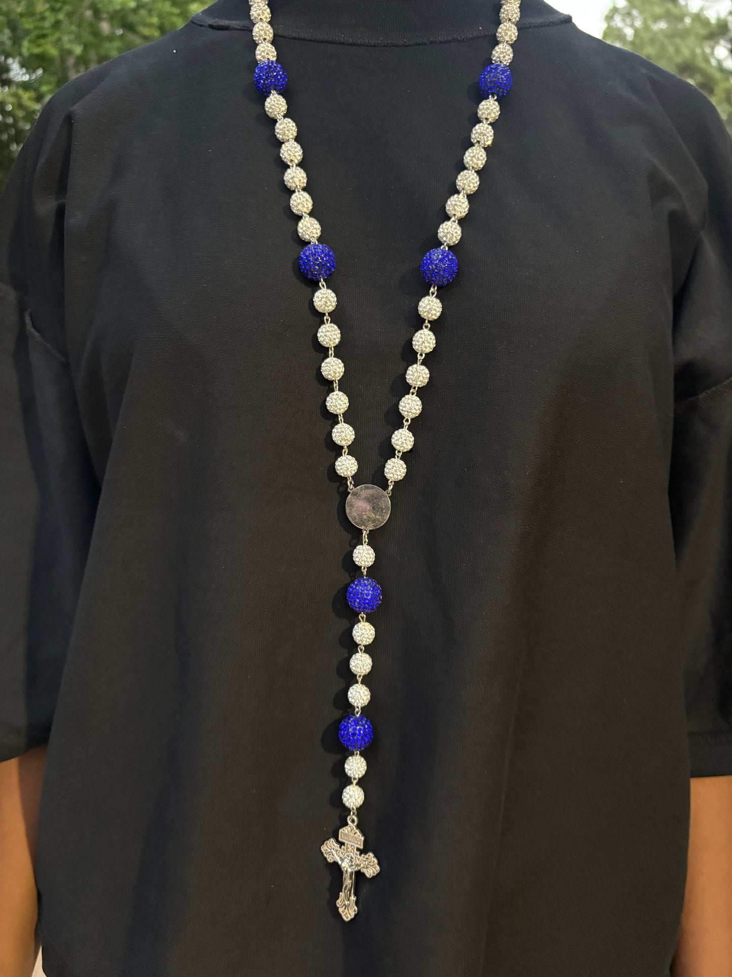 silver and royal blue rosary