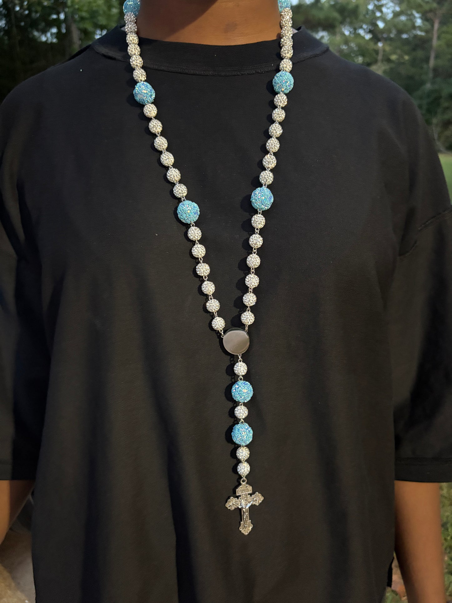 all silver and light blue rosary