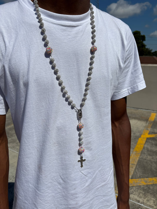 rosary silver and pink rainbow