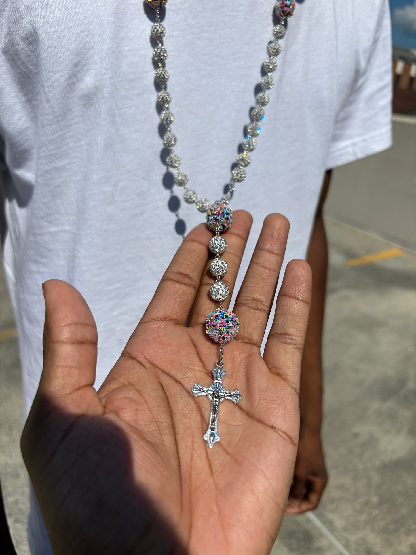silver and blue rainbow rosary