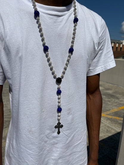 silver and royal blue rosary