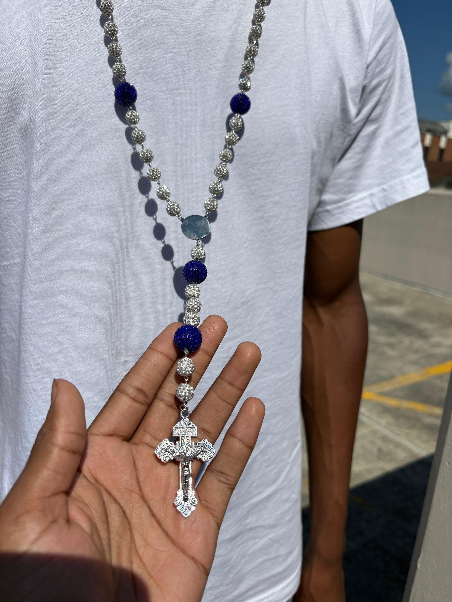 silver and royal blue rosary
