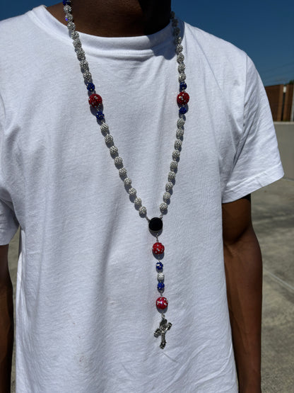silver red and blue  rosary