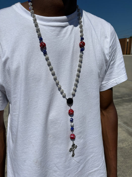 silver red and blue  rosary