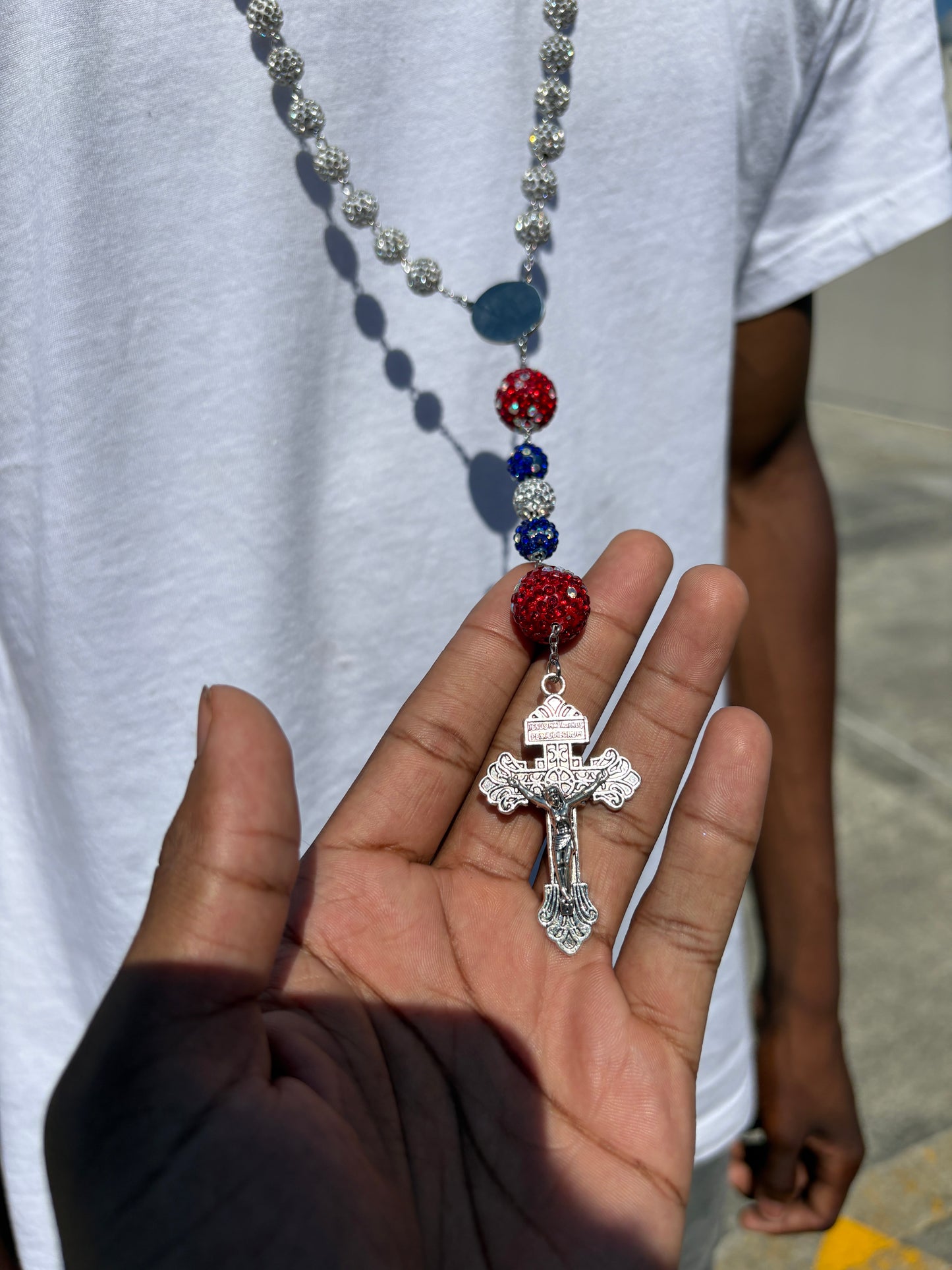 silver red and blue  rosary