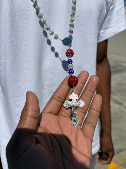silver red and blue  rosary