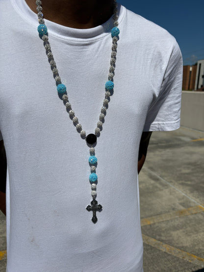 all silver and light blue rosary