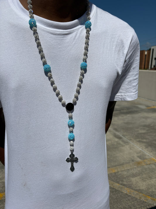 all silver and light blue rosary