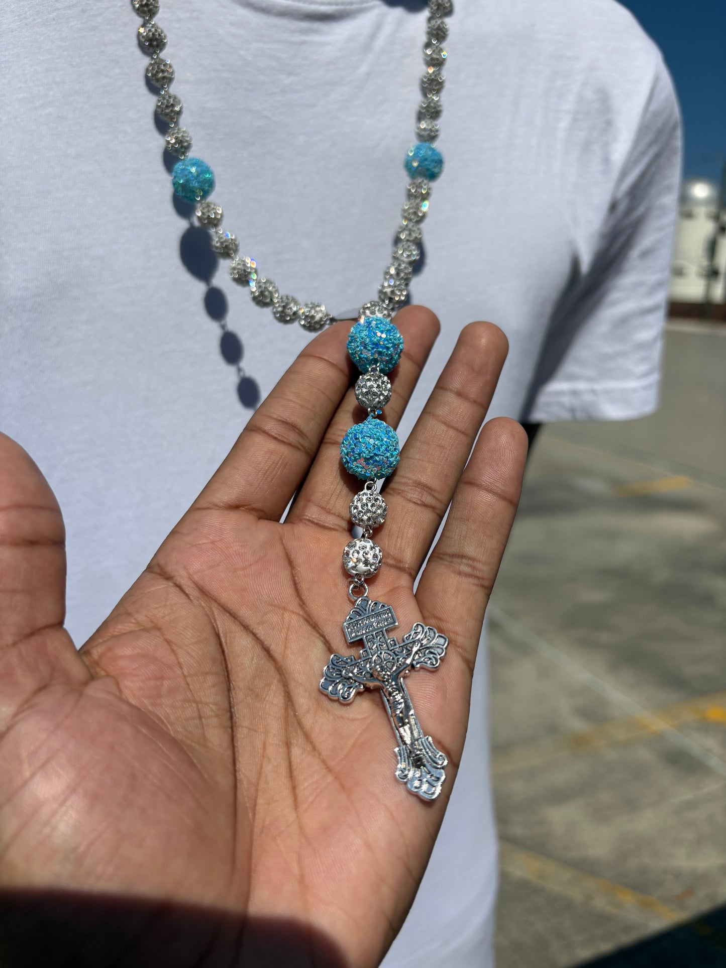 all silver and light blue rosary
