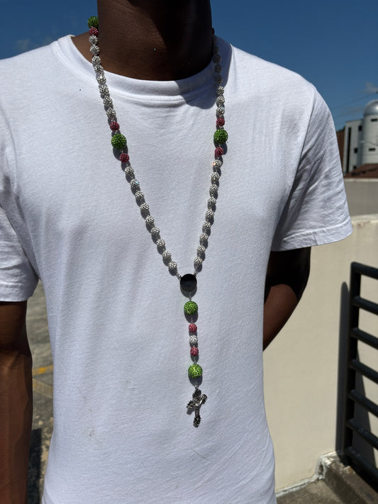 silver pink and green rosary