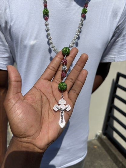 silver pink and green rosary