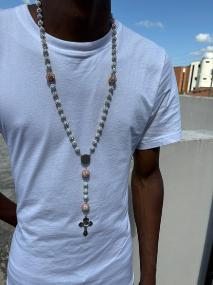all silver and brown rosary