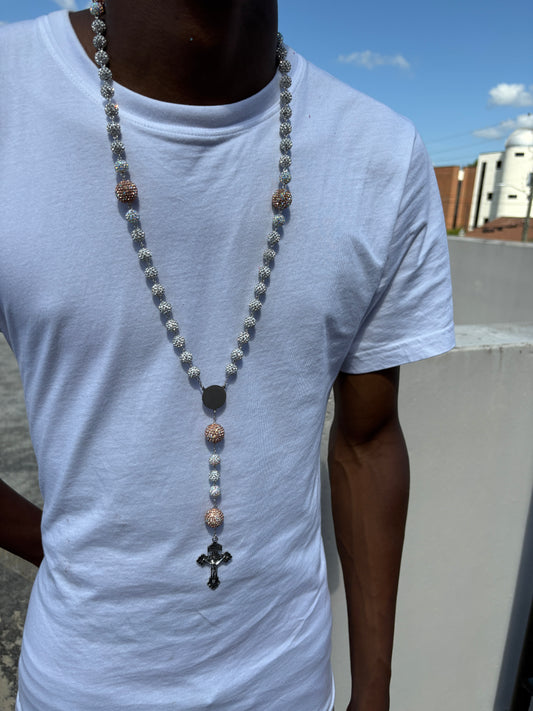 all silver and brown rosary
