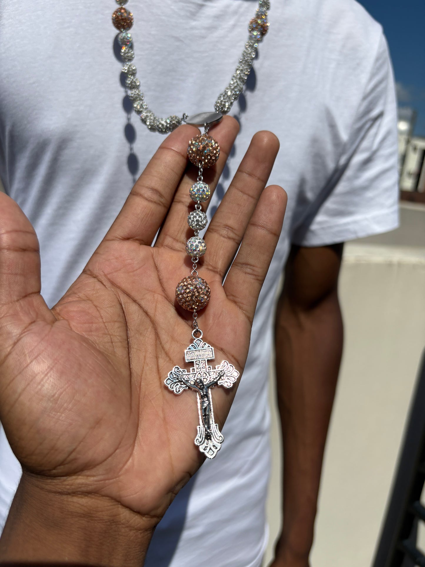 all silver and brown rosary