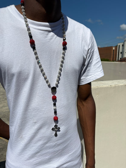 silver red and black rosary