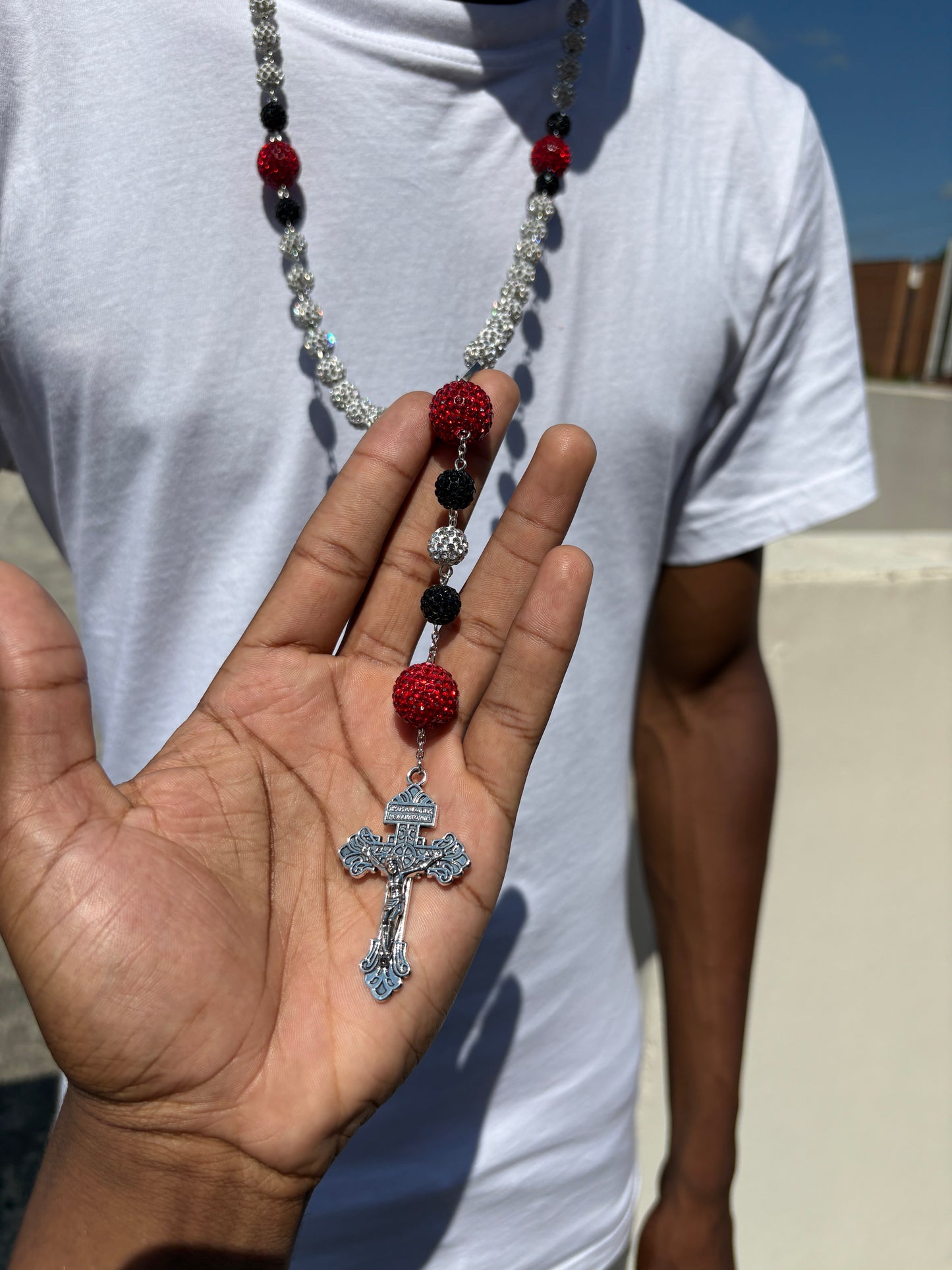 silver red and black rosary