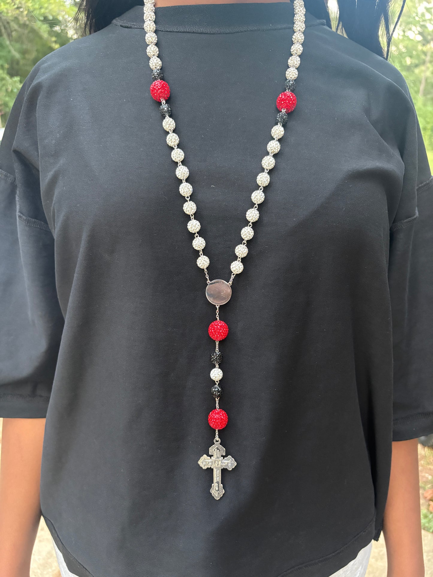 silver red and black rosary