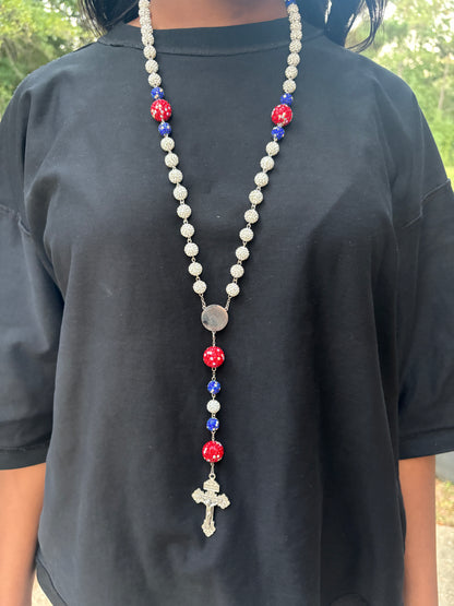 silver red and blue  rosary