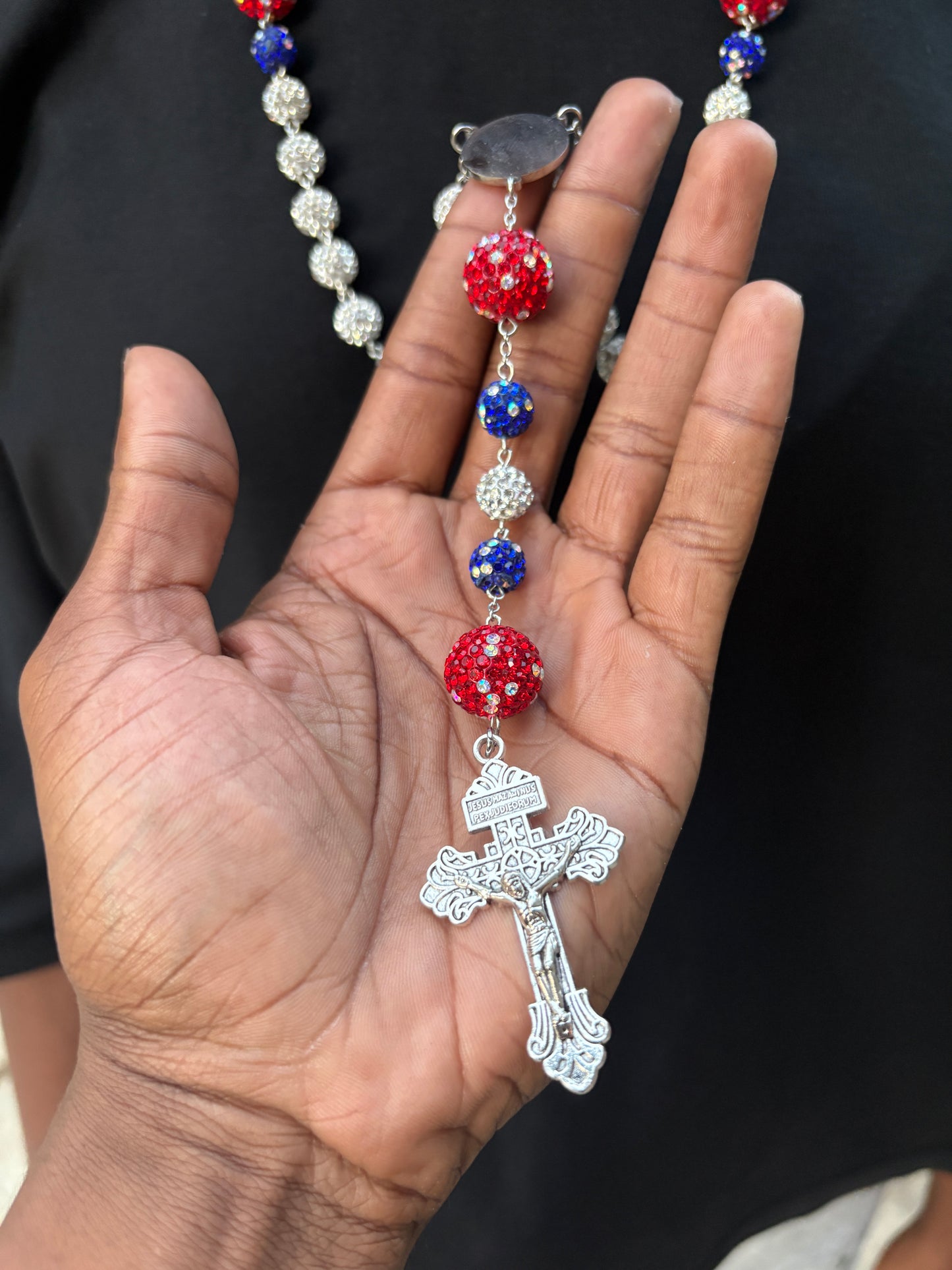 silver red and blue  rosary