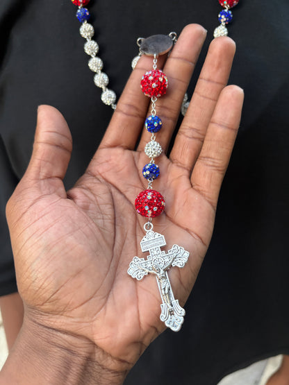 silver red and blue  rosary
