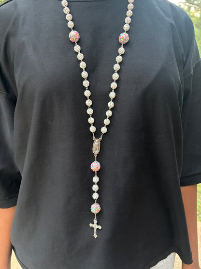 rosary silver and pink rainbow