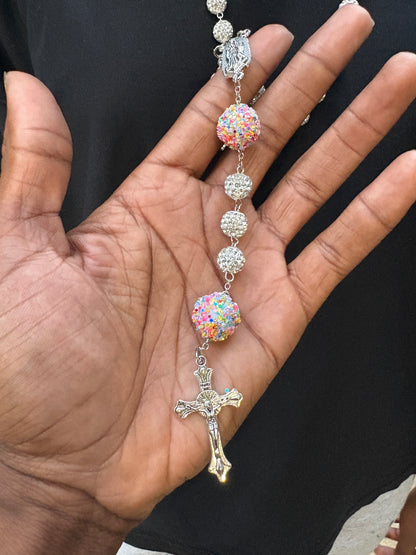 rosary silver and pink rainbow
