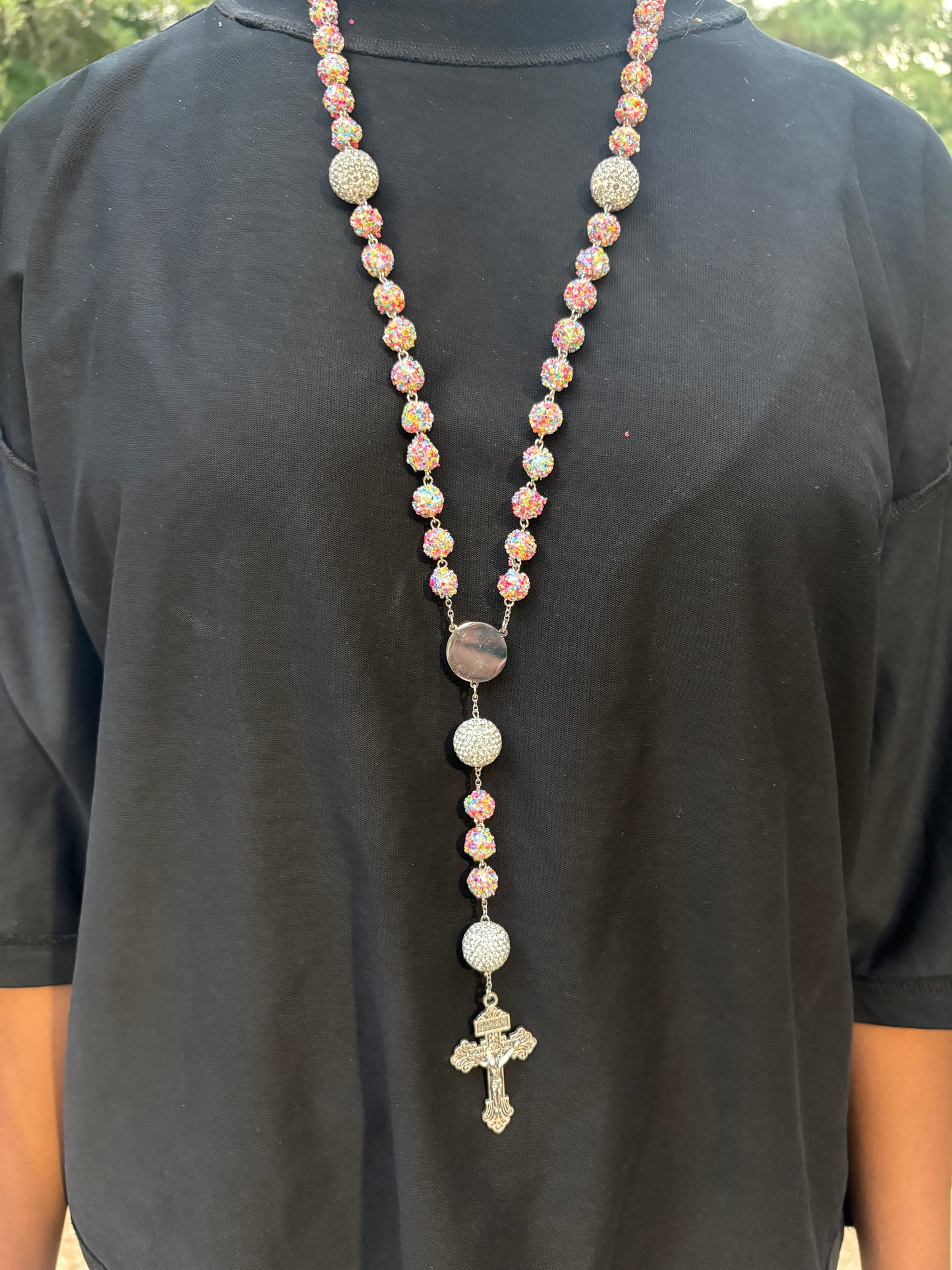 all pink rainbow and silver rosary