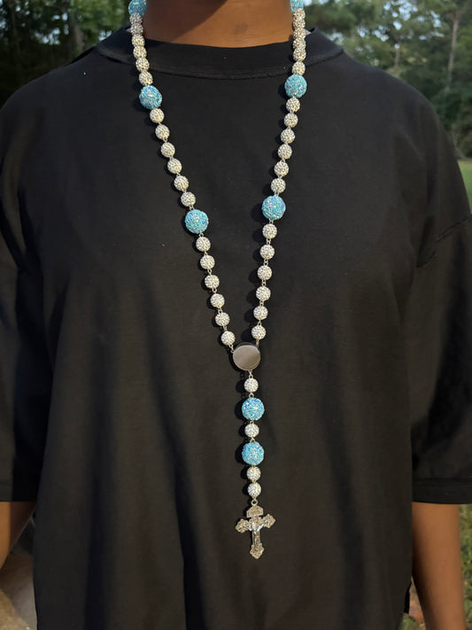 all silver and light blue rosary