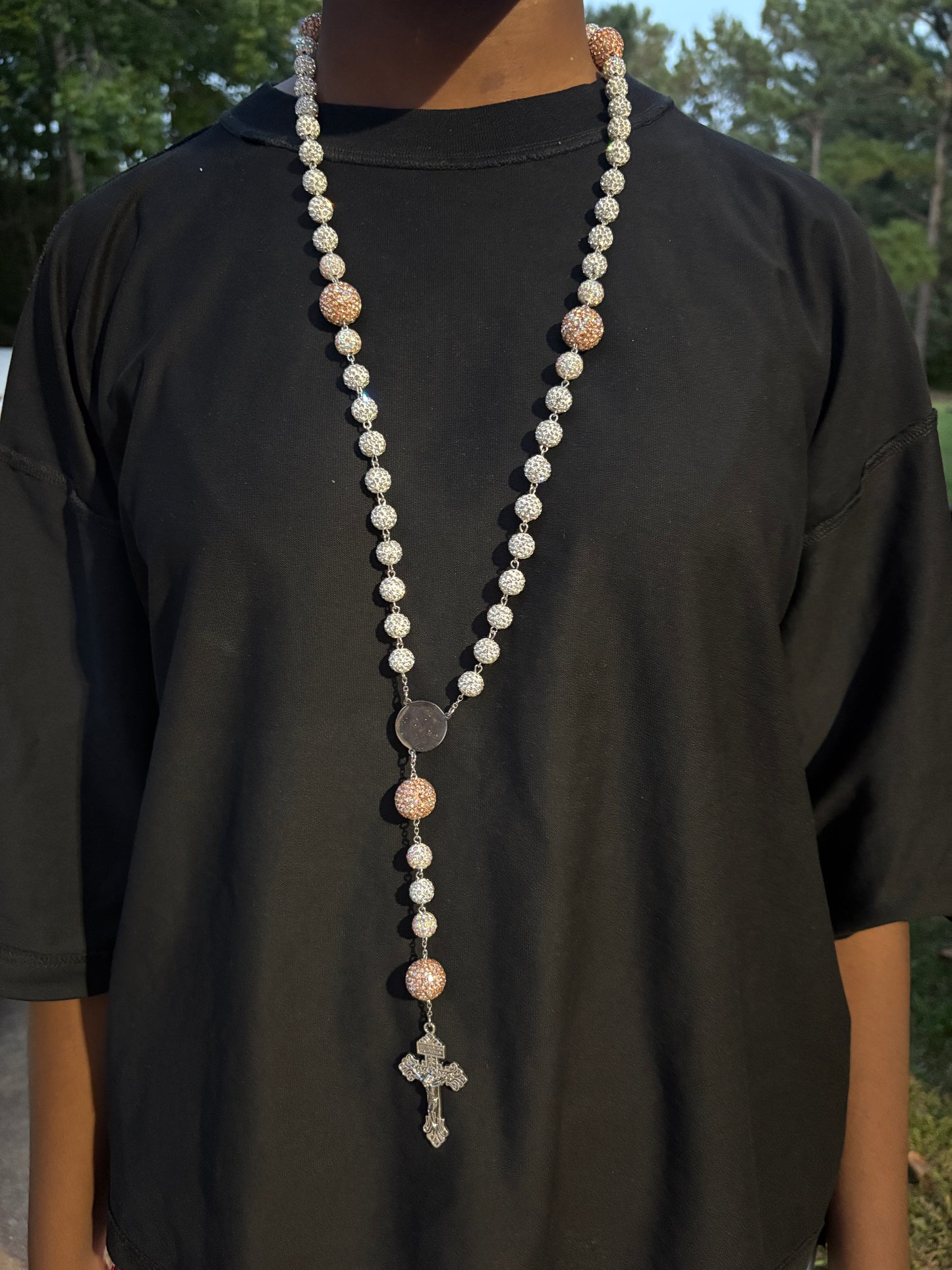 all silver and brown rosary